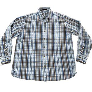 Tommy Bahama Long Sleeve Plaid Shirt Men's Size Medium Blue Brown Tencel